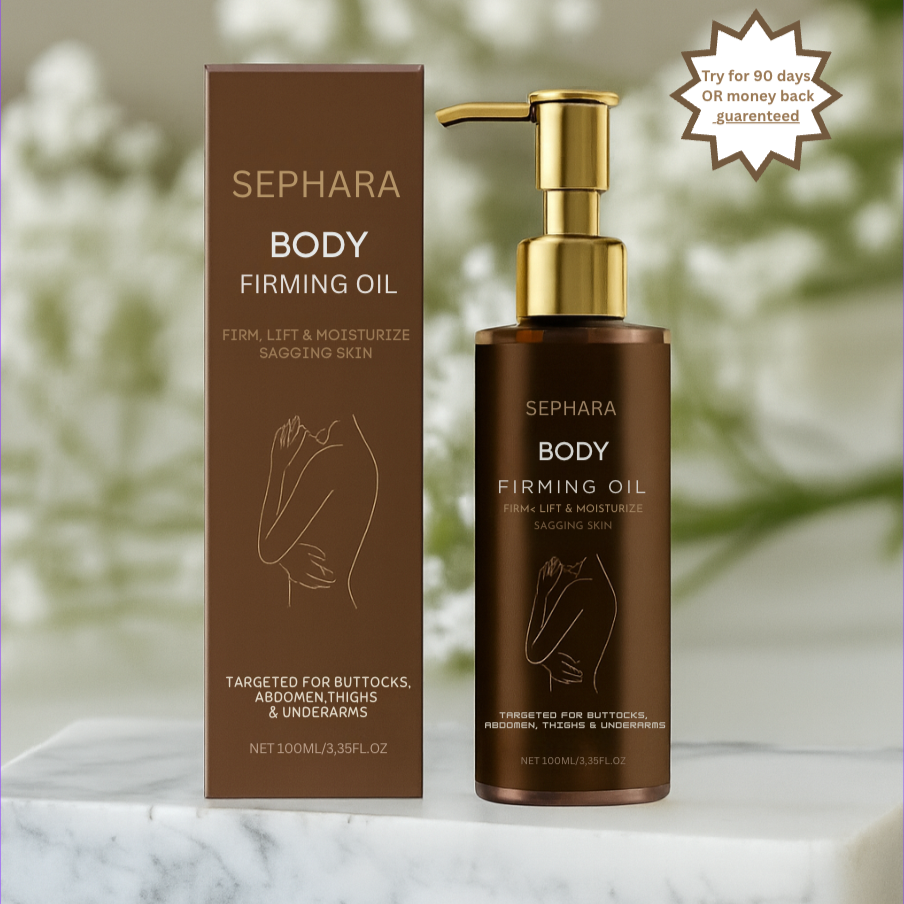 Sephara Body Firming Oil bottle and packaging on a marble surface with a blurred natural background